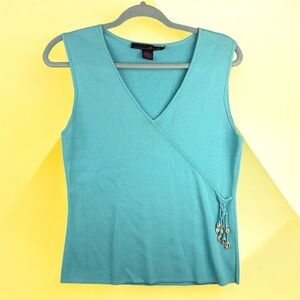 VTG Y2K Will Smith Turquoise Sleeveless Wrap Top Seashell Fringe Size L V-Neck